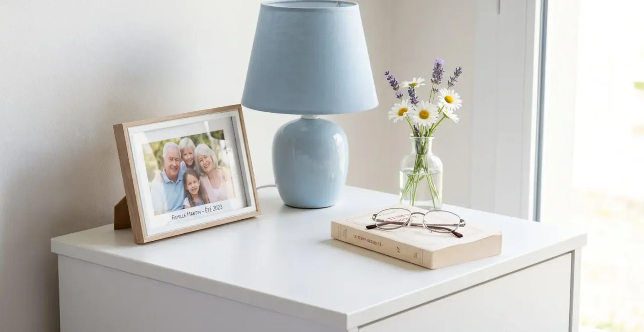 Vue rapprochée d'une table de chevet avec cadre photo familial, lampe douce et petit vase de fleurs fraîches
