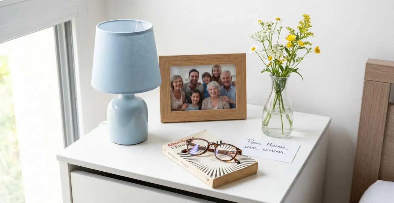 Vue rapprochée d'une table de chevet avec cadre photo familial, lampe douce et petit vase de fleurs fraîches