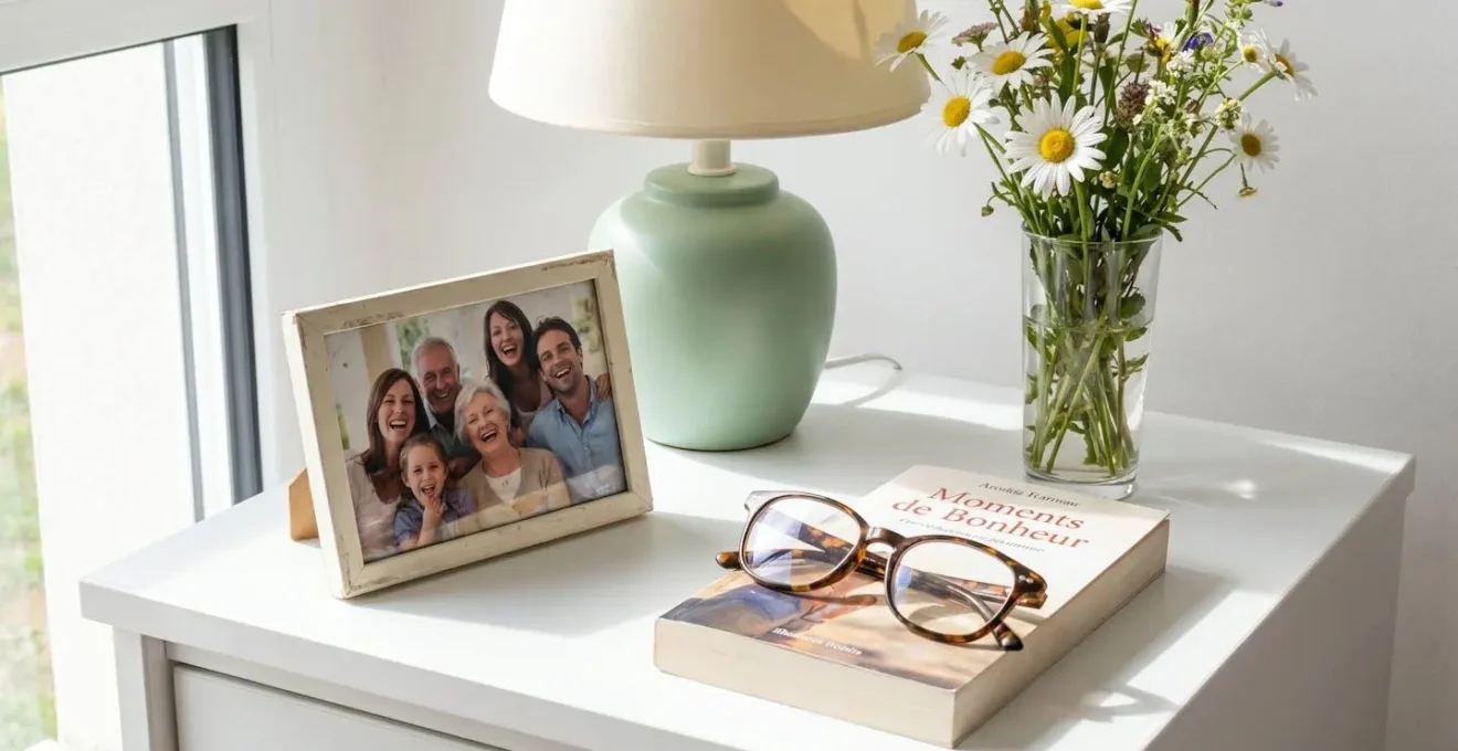 Vue rapprochée d'une table de chevet avec cadre photo familial, lampe douce et petit vase de fleurs fraîches