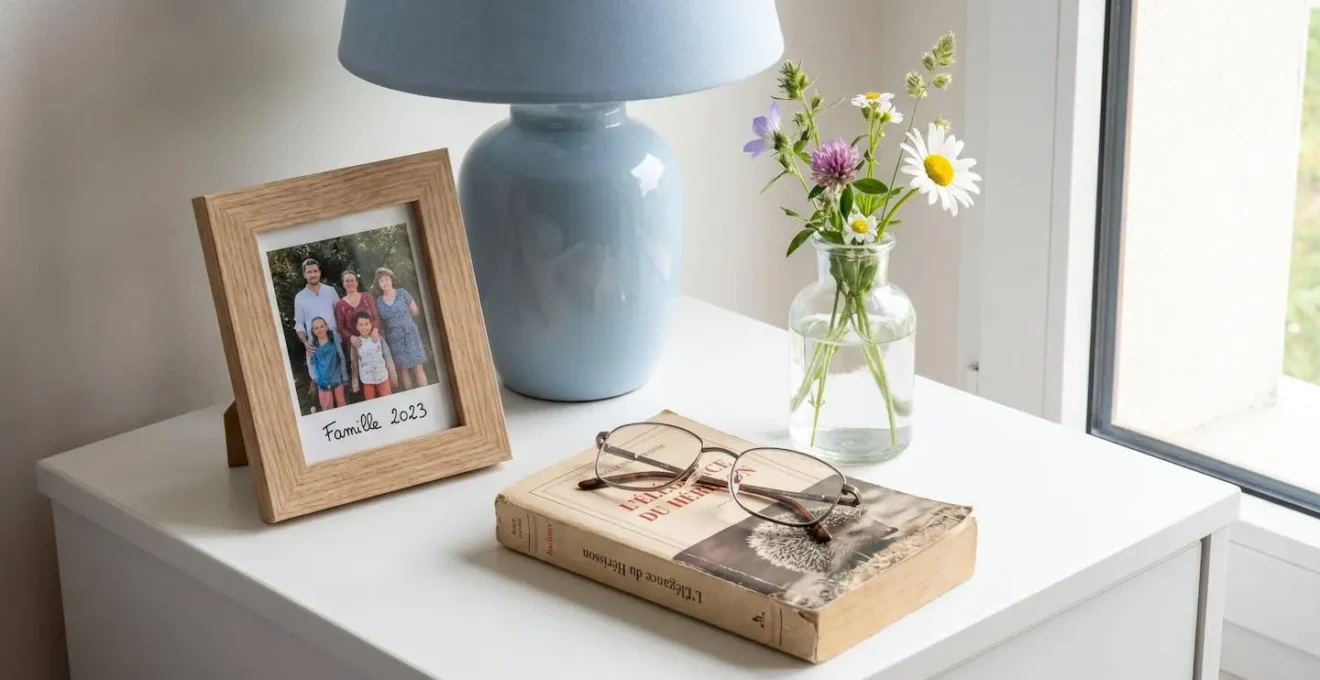 Vue rapprochée d'une table de chevet avec cadre photo familial, lampe douce et petit vase de fleurs fraîches