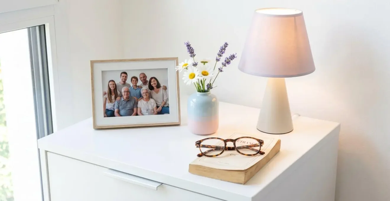Vue rapprochée d'une table de chevet avec cadre photo familial, lampe douce et petit vase de fleurs fraîches