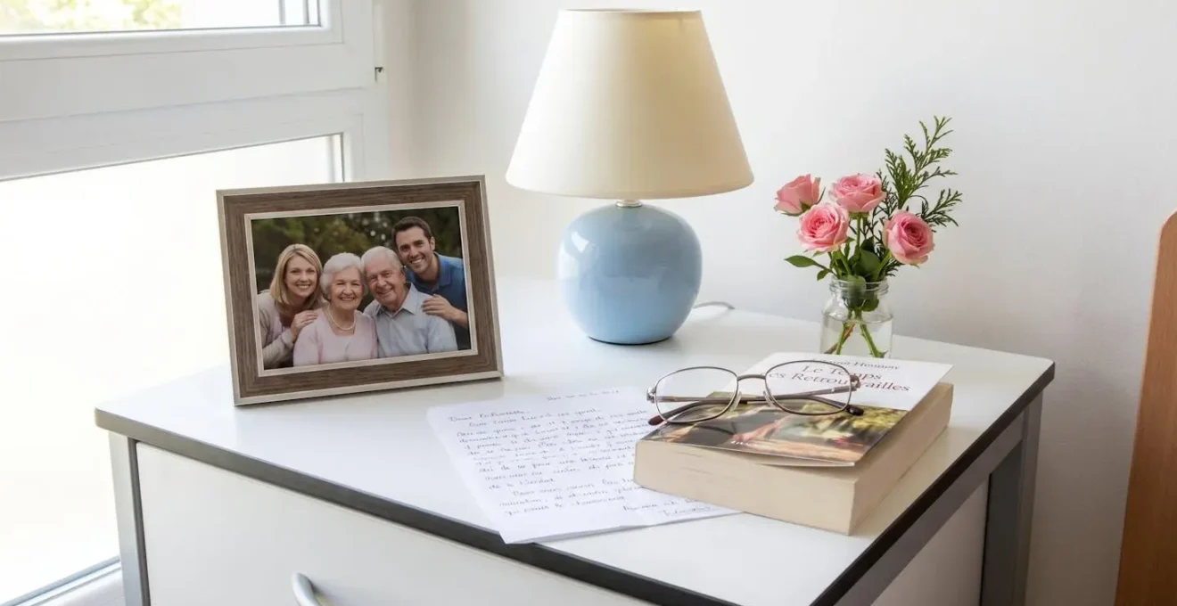 Vue rapprochée d'une table de chevet avec cadre photo familial, lampe douce et petit vase de fleurs fraîches