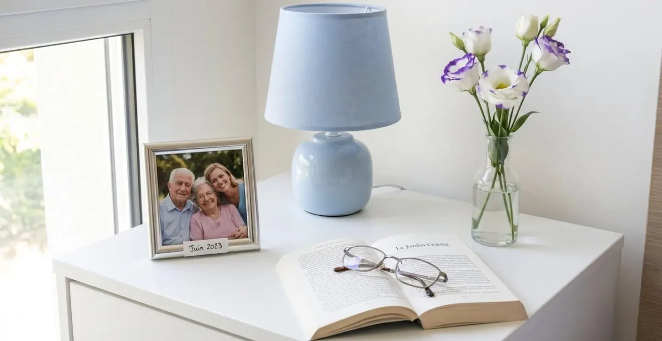 Vue rapprochée d'une table de chevet avec cadre photo familial, lampe douce et petit vase de fleurs fraîches
