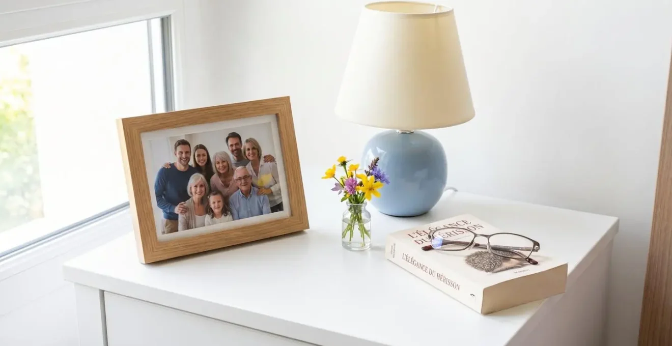 Vue rapprochée d'une table de chevet avec cadre photo familial, lampe douce et petit vase de fleurs fraîches