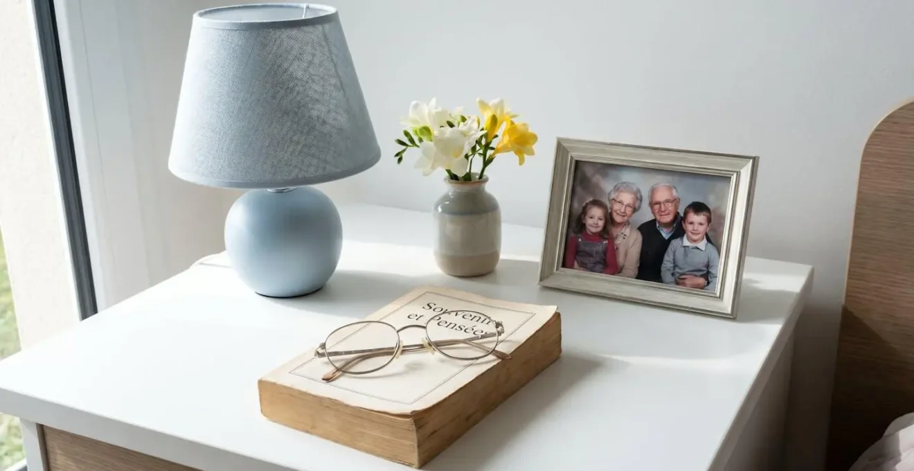 Vue rapprochée d'une table de chevet avec cadre photo familial, lampe douce et petit vase de fleurs fraîches