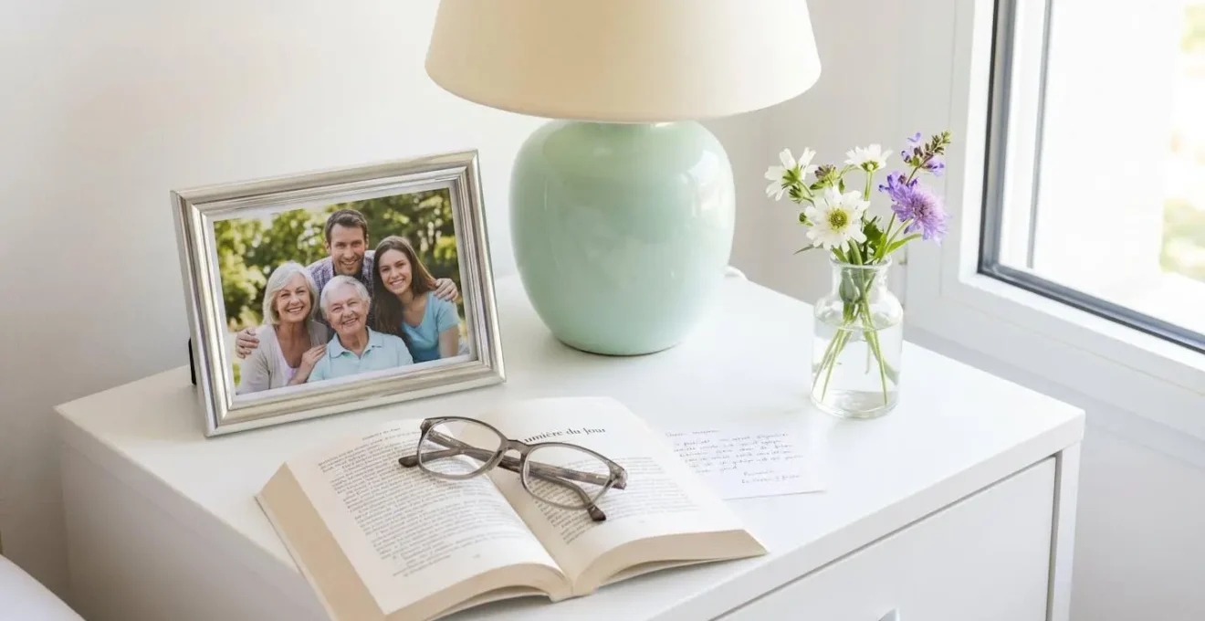 Vue rapprochée d'une table de chevet avec cadre photo familial, lampe douce et petit vase de fleurs fraîches