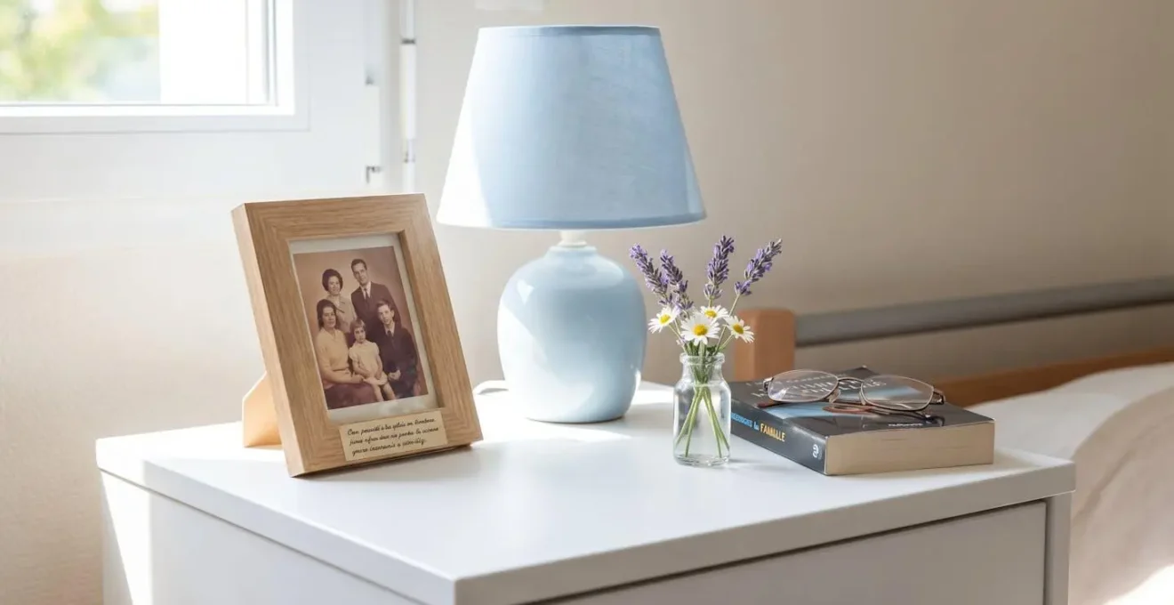 Vue rapprochée d'une table de chevet avec cadre photo familial, lampe douce et petit vase de fleurs fraîches