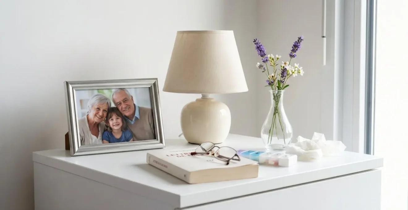 Vue rapprochée d'une table de chevet avec cadre photo familial, lampe douce et petit vase de fleurs fraîches