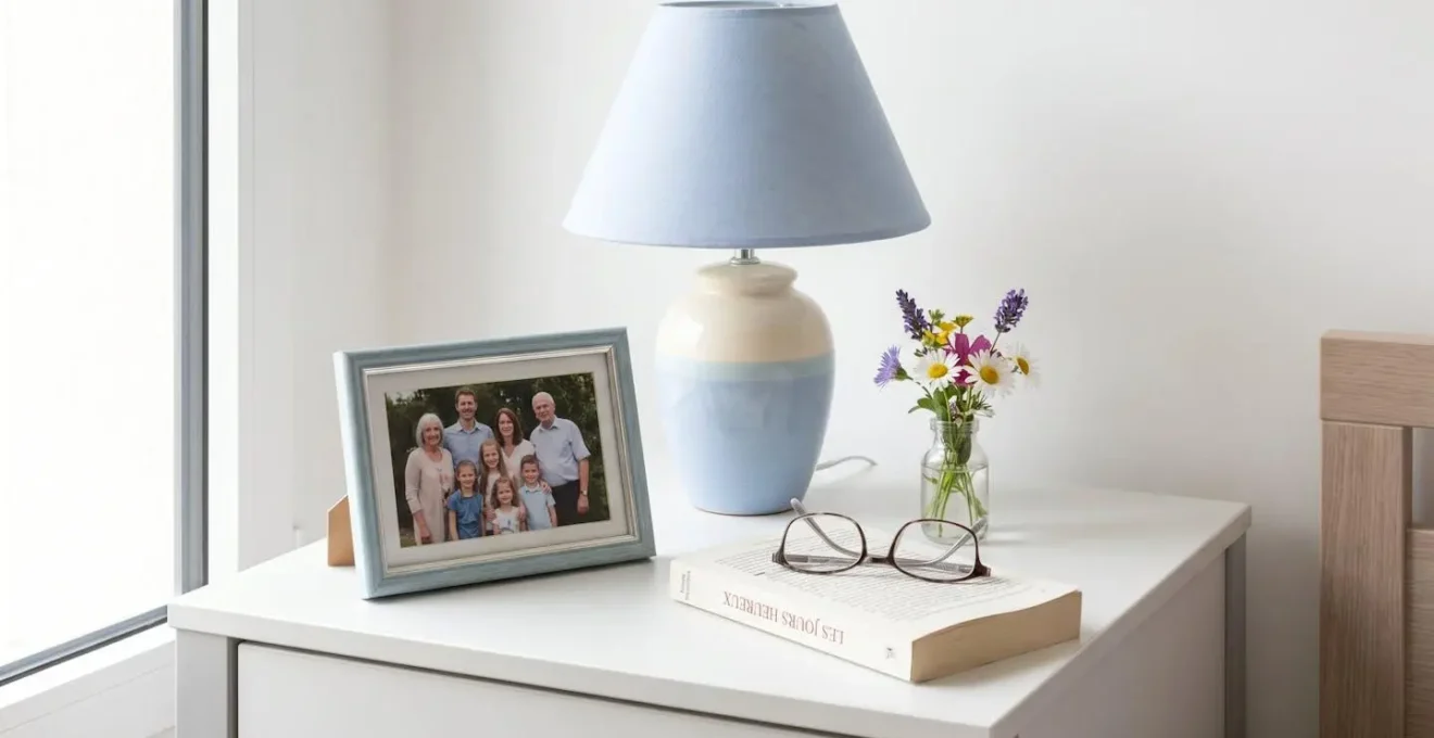 Vue rapprochée d'une table de chevet avec cadre photo familial, lampe douce et petit vase de fleurs fraîches