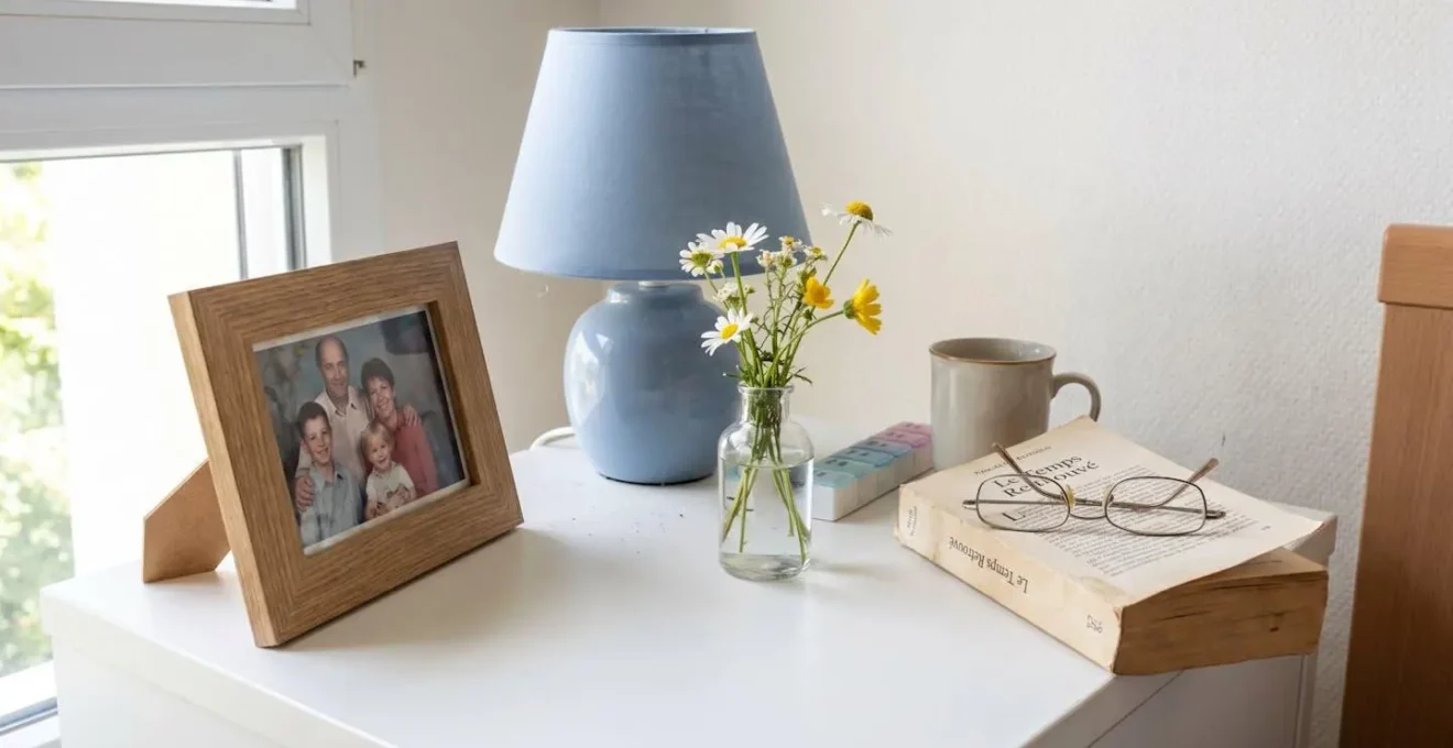 Vue rapprochée d'une table de chevet avec cadre photo familial, lampe douce et petit vase de fleurs fraîches
