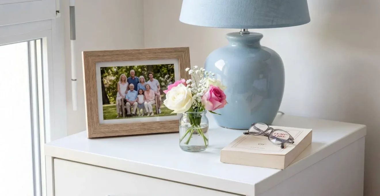Vue rapprochée d'une table de chevet avec cadre photo familial, lampe douce et petit vase de fleurs fraîches
