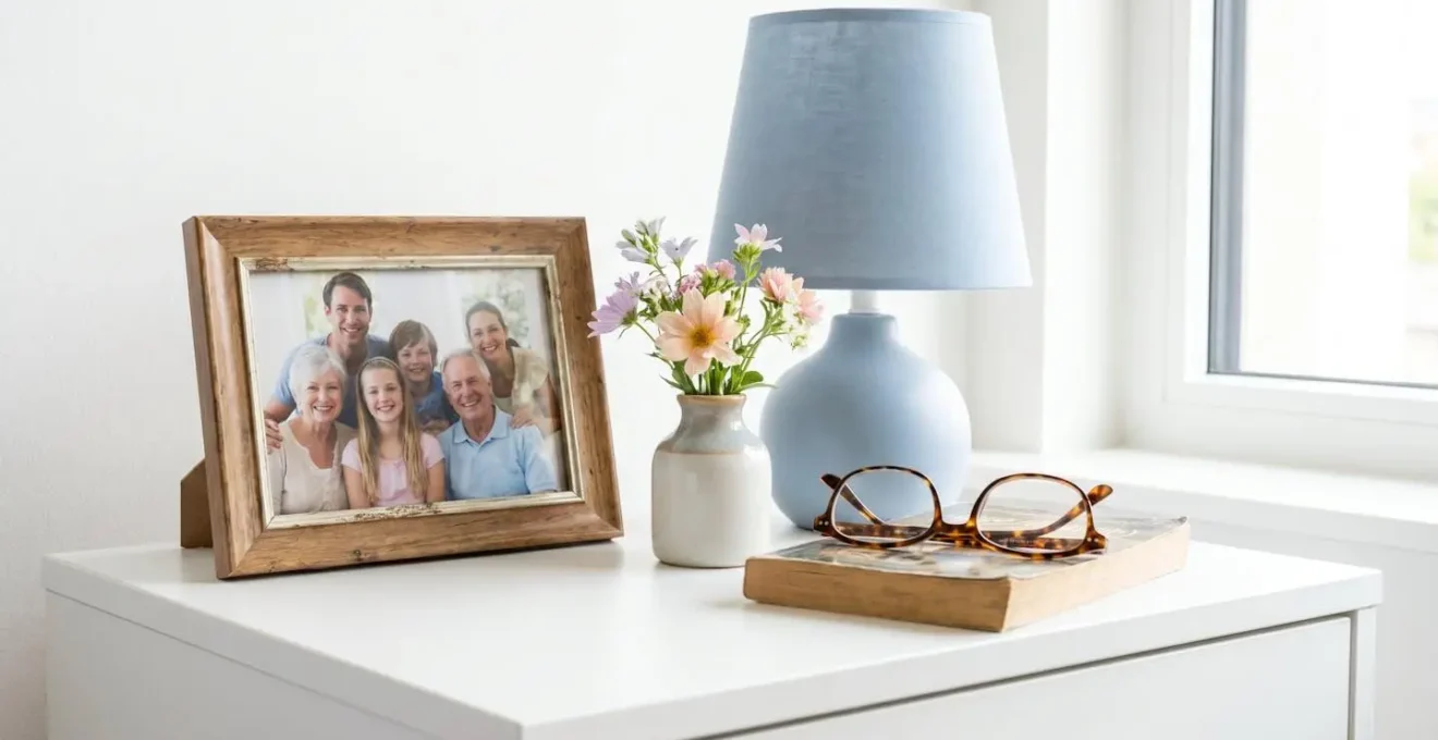 Vue rapprochée d'une table de chevet avec cadre photo familial, lampe douce et petit vase de fleurs fraîches