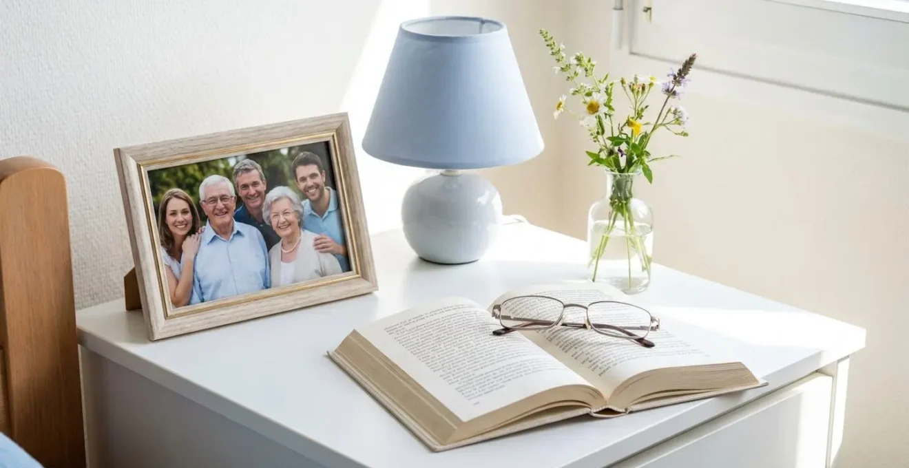 Vue rapprochée d'une table de chevet avec cadre photo familial, lampe douce et petit vase de fleurs fraîches