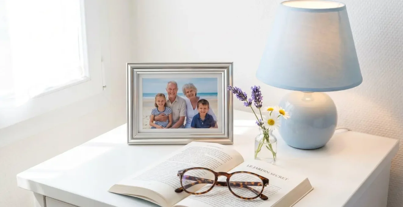 Vue rapprochée d'une table de chevet avec cadre photo familial, lampe douce et petit vase de fleurs fraîches