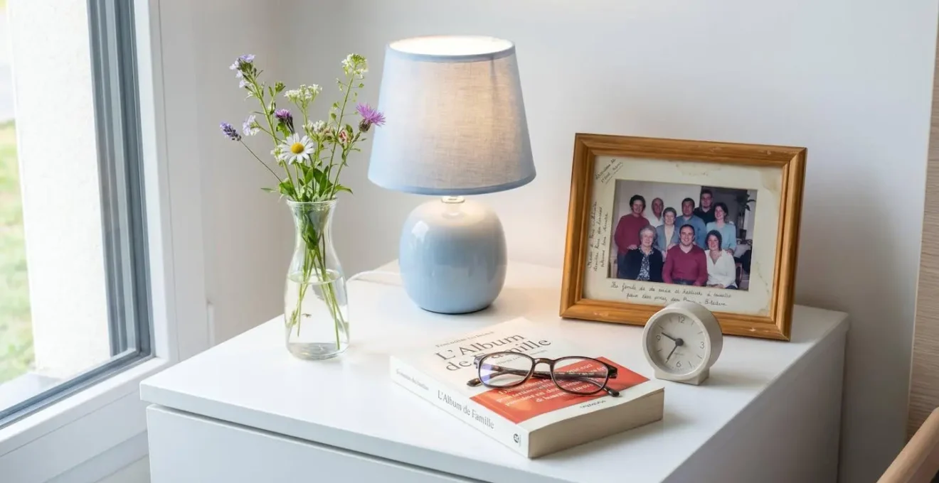 Vue rapprochée d'une table de chevet avec cadre photo familial, lampe douce et petit vase de fleurs fraîches