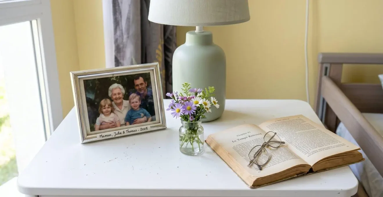 Vue rapprochée d'une table de chevet avec cadre photo familial, lampe douce et petit vase de fleurs fraîches