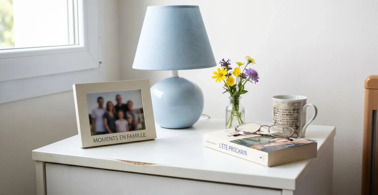 Vue rapprochée d'une table de chevet avec cadre photo familial, lampe douce et petit vase de fleurs fraîches
