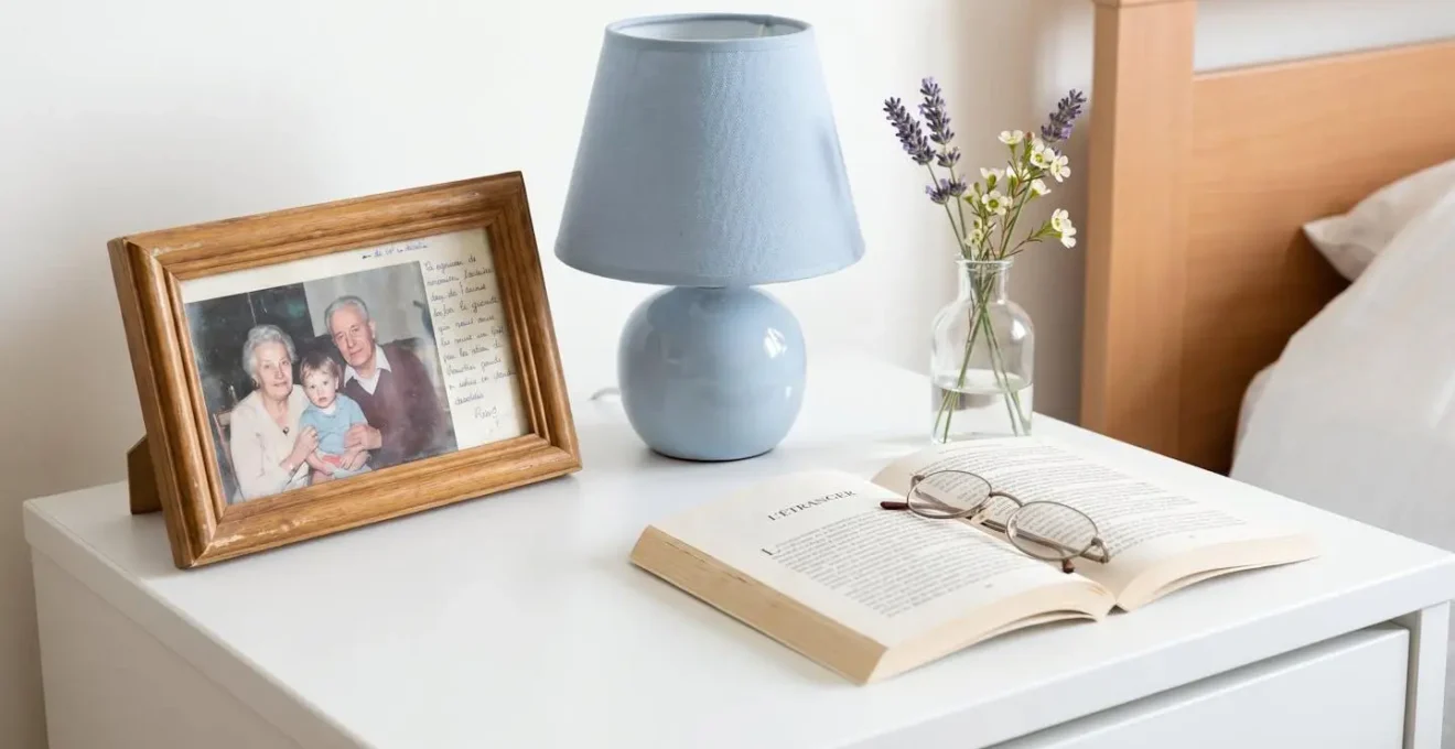 Vue rapprochée d'une table de chevet avec cadre photo familial, lampe douce et petit vase de fleurs fraîches