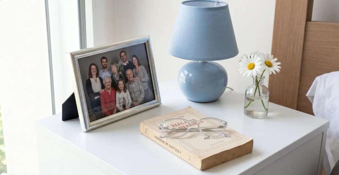 Vue rapprochée d'une table de chevet avec cadre photo familial, lampe douce et petit vase de fleurs fraîches