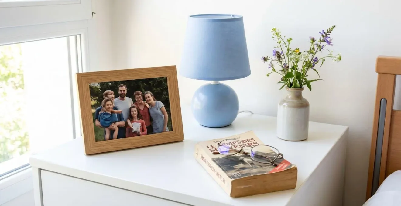 Vue rapprochée d'une table de chevet avec cadre photo familial, lampe douce et petit vase de fleurs fraîches