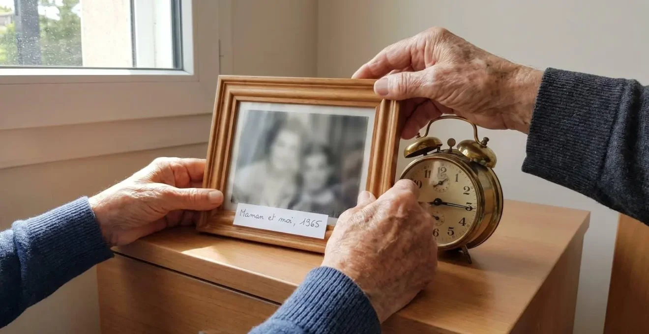 Mains âgées disposant avec soin des objets personnels, un réveil ancien et un petit cadre photo sur une commode d'EHPAD