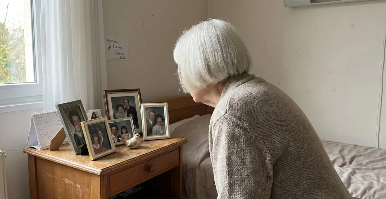 Résidente âgée de dos admirant ses photos de famille encadrées et ses petits objets personnels disposés sur sa table de chevet dans une chambre d'EHPAD lumineuse