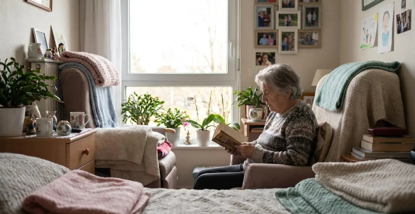 Résidente âgée assise dans un fauteuil personnel près de la fenêtre, entourée de photos familiales