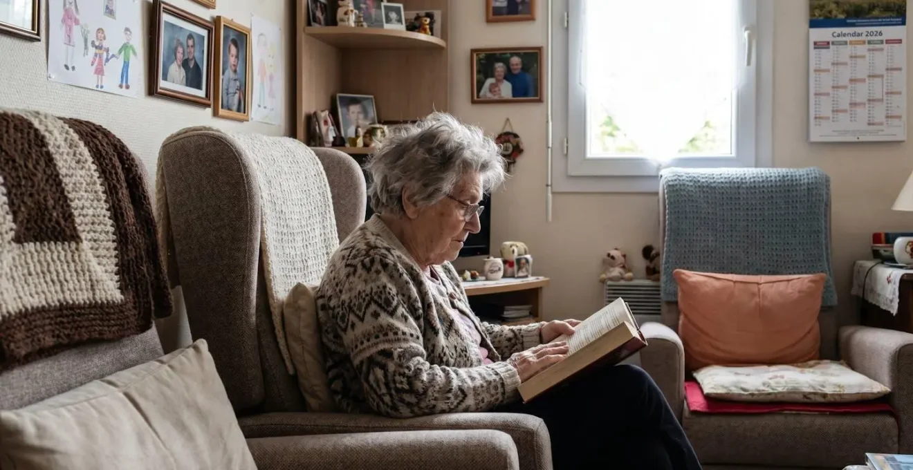 Résidente âgée assise dans un fauteuil personnel près de la fenêtre, entourée de photos familiales