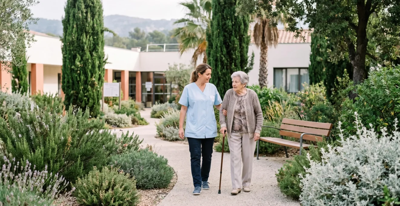Aide-soignante accompagnant résident senior dans jardin thérapeutique EHPAD, allée bordée plantes aromatiques méditerranéennes, architecture contemporaine, lumière matinale douce