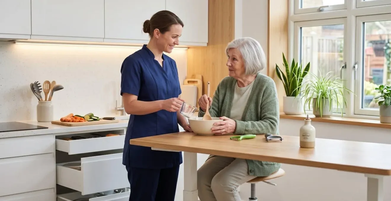 Auxiliaire de vie assistant senior dans cuisine adaptée avec plan de travail ajustable, rangements accessibles, éclairage LED, préparation repas en collaboration, lumière naturelle