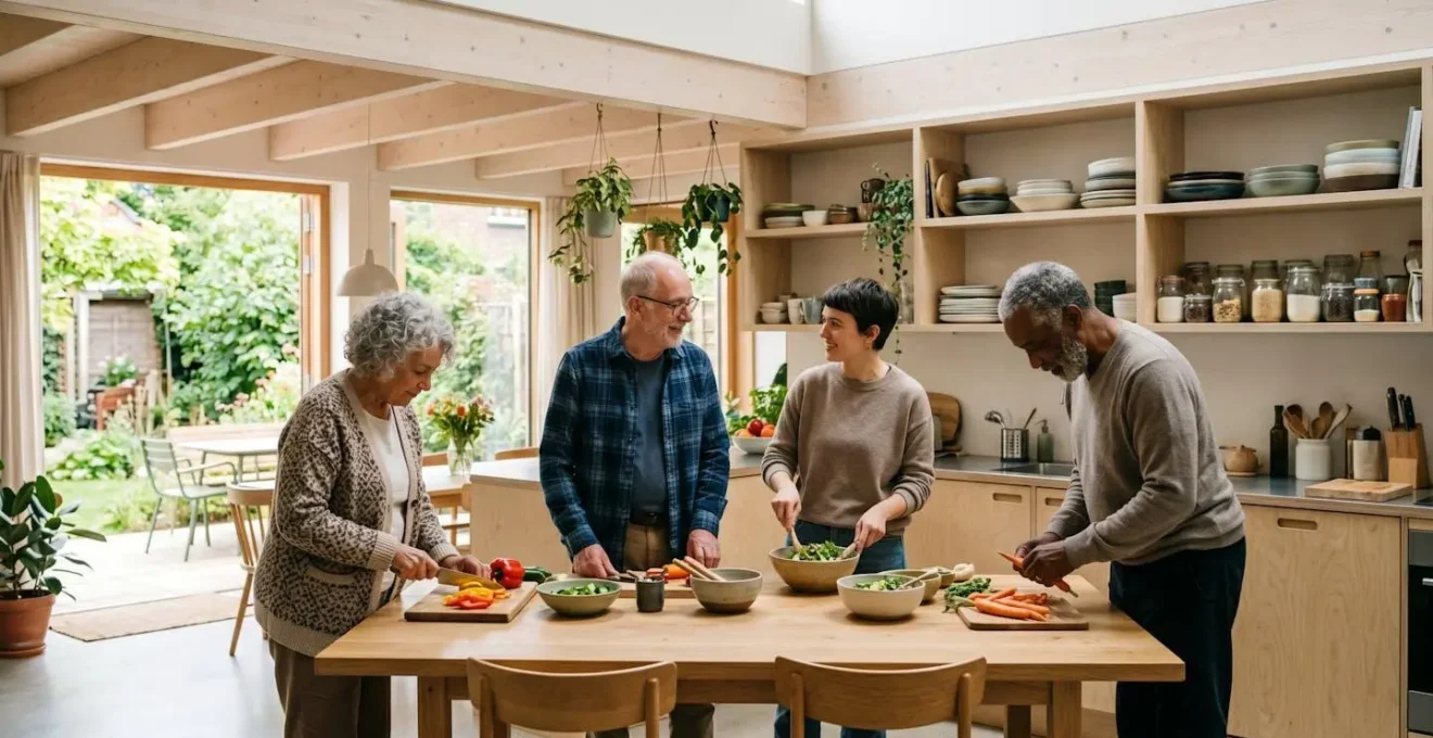 Espace commun habitat inclusif avec seniors et résident plus jeune préparant repas collectif autour table bois, architecture contemporaine poutres apparentes, baies vitrées jardin partagé, lumière naturelle