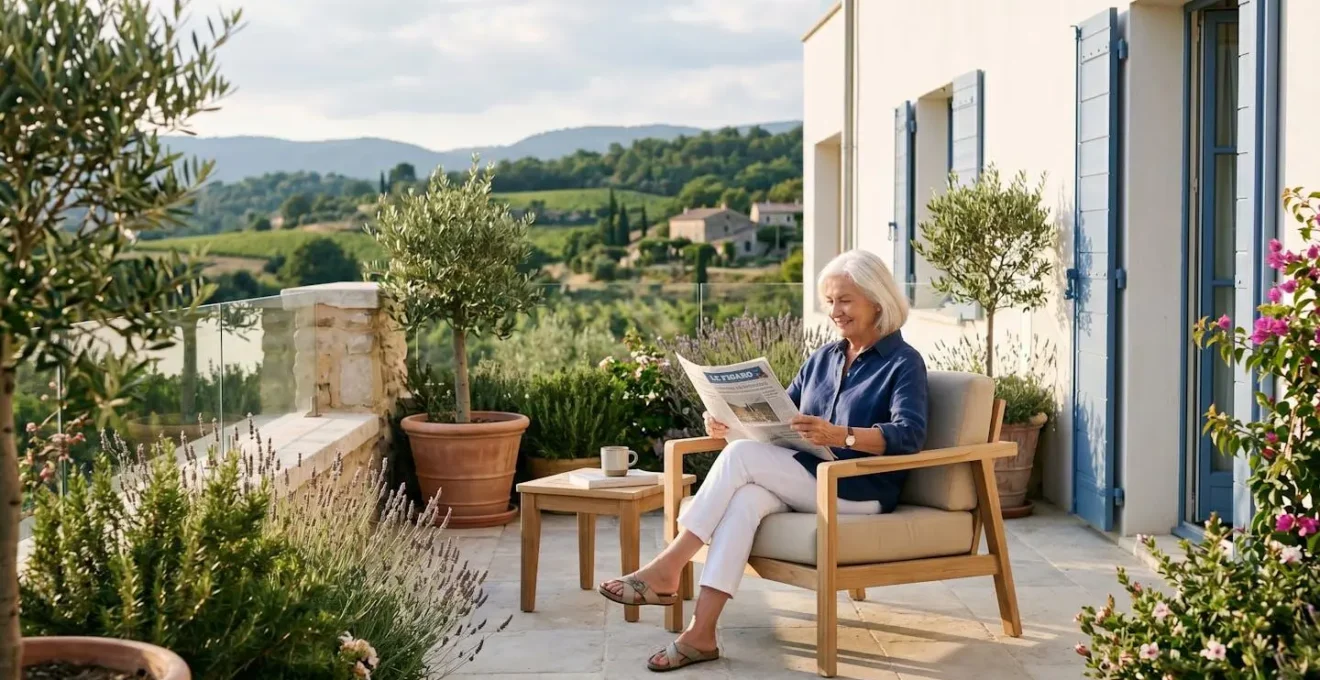 Senior femme autonome lisant sur terrasse privative d'une résidence services contemporaine en Provence, architecture blanche et volets bleus, végétation méditerranéenne, lumière dorée