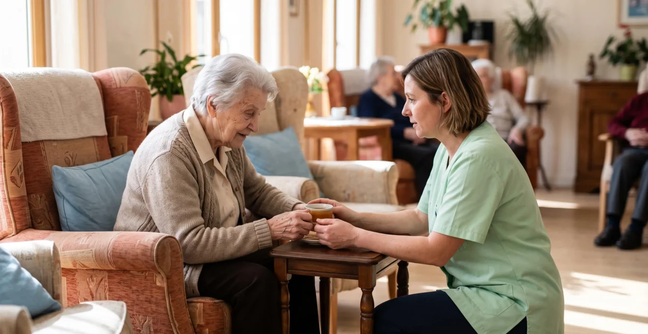 Une aide-soignante accompagne une résidente âgée assise dans un fauteuil dans le salon commun d'un établissement.